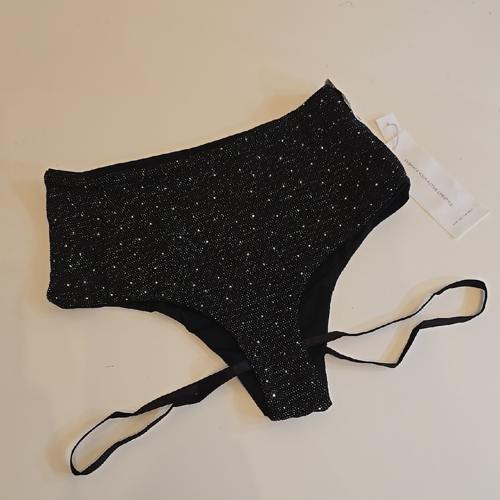 Black Glitter Booty Shorts With Rhinestones / Rave / Leg Strap / Brand New